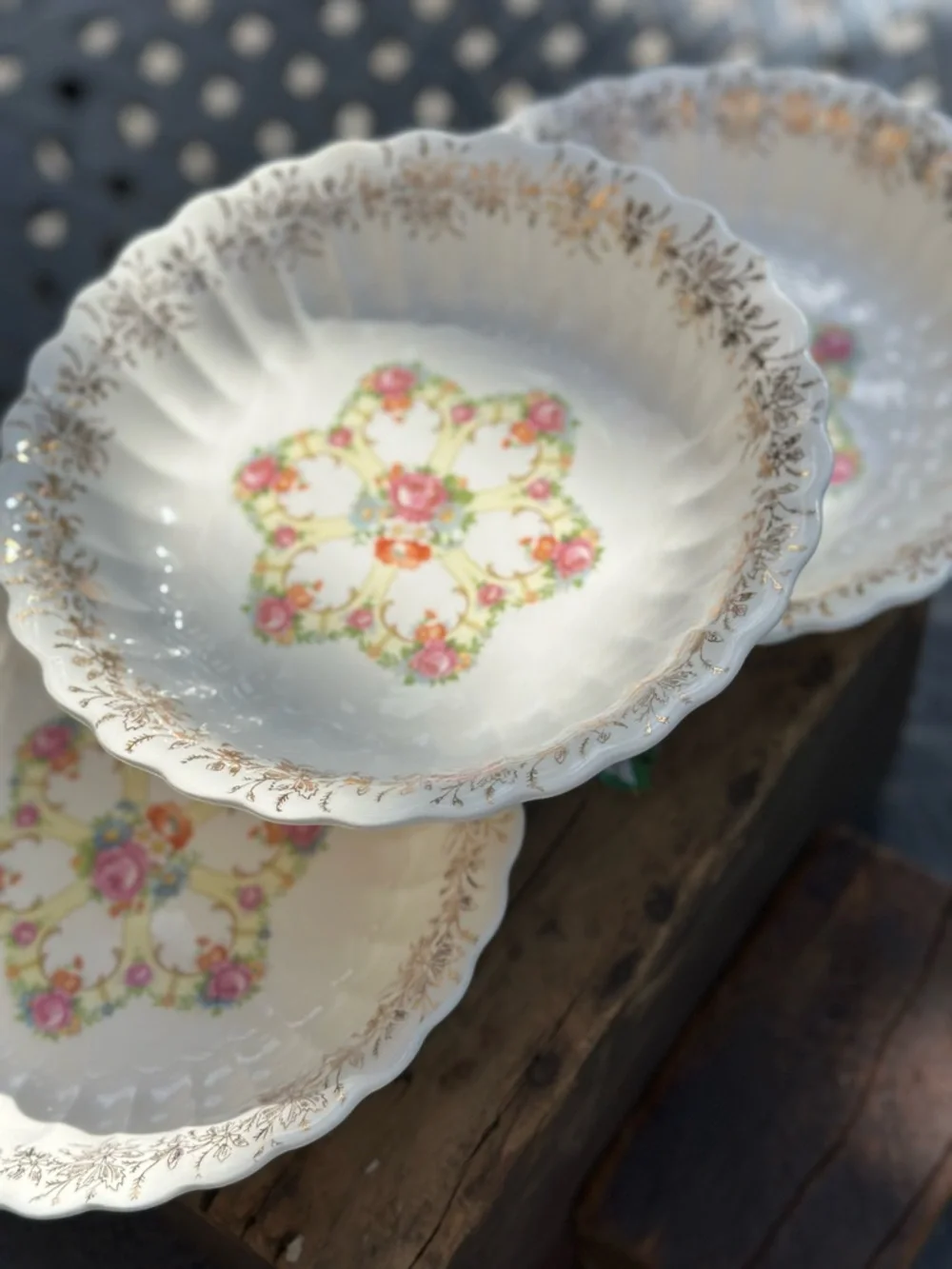 3 Vintage Franklinware Ivory Floral Scalloped Edge 22K Vegetable Bowls